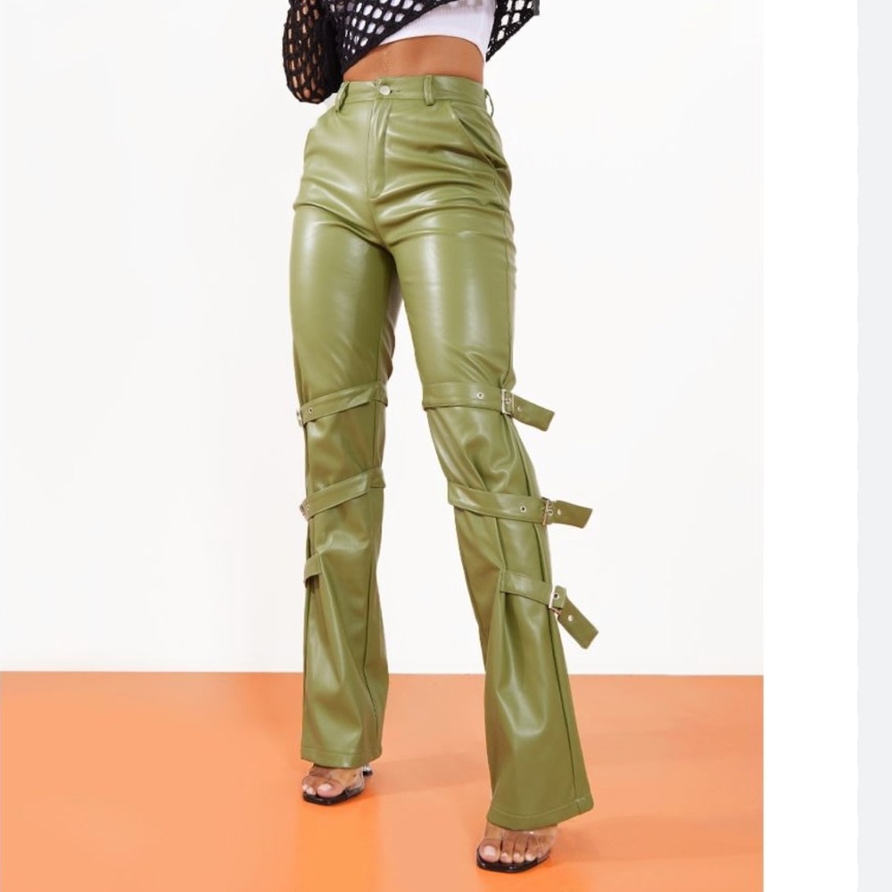 PrettyLittleThing Olive Faux Leather Flare Pants